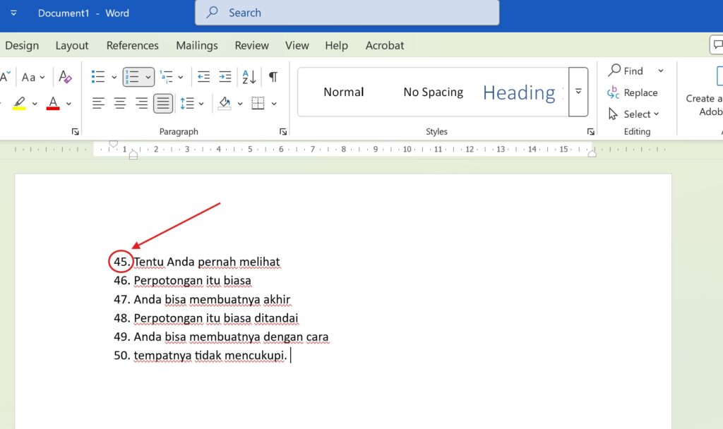 Cara Memulai Angka Pertama Numbering Tidak Dengan Angka Satu di Ms Word