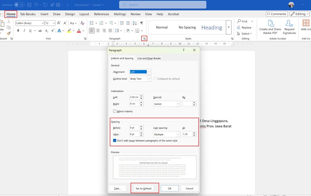 Cara Mengganti Jarak Spasi Secara Default di Ms Word