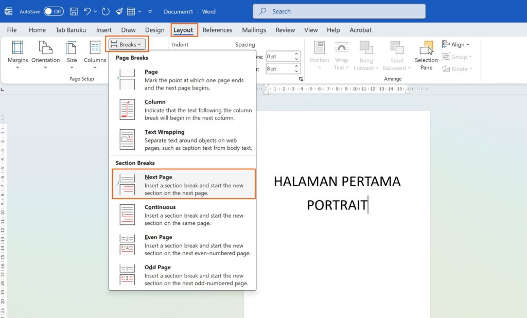 Membuat Dua Orientasi Portrait dan Landscape dalam Satu Dokumen Ms Word