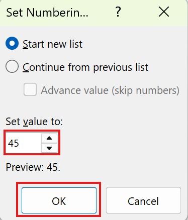 Set Numbering Value 2