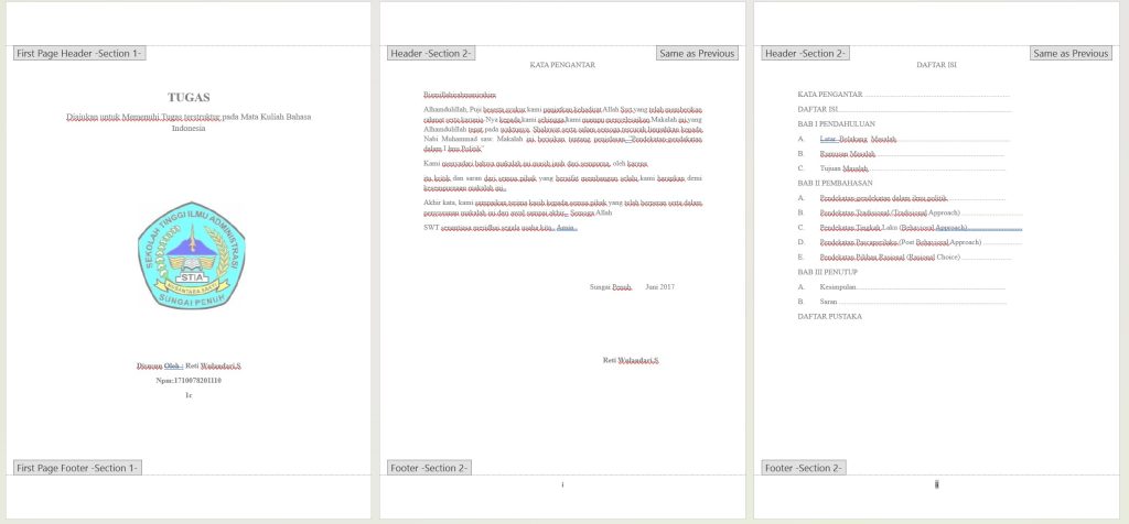 Tampilan Halaman Cover Tanpa Nomor dan Kata Pengantar Pakai angka romawi