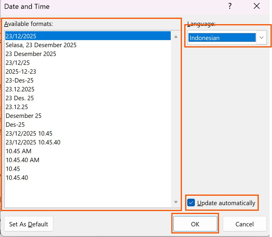 Format date and time